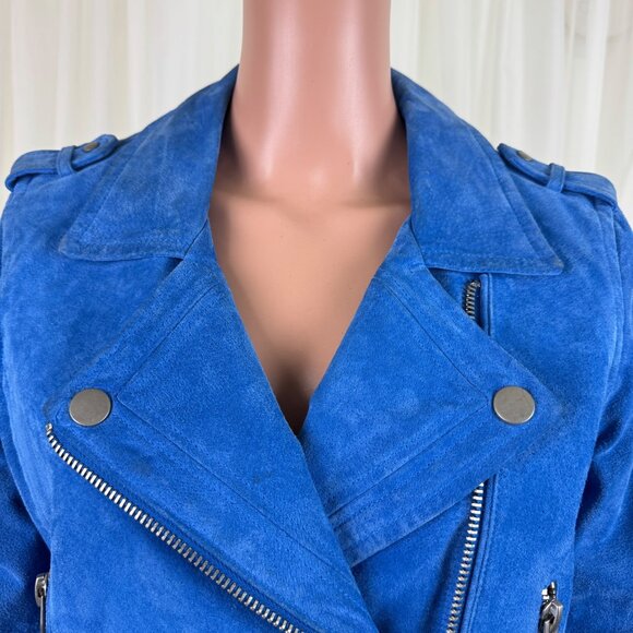 Women's SL8 Genuine Suede Asymmetric Zipper Accent Crop Moto Jacket Blue Size MD - Picture 5 of 17